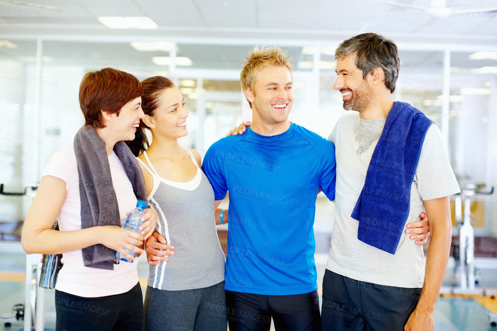Buy stock photo Happy men and women at fitness center