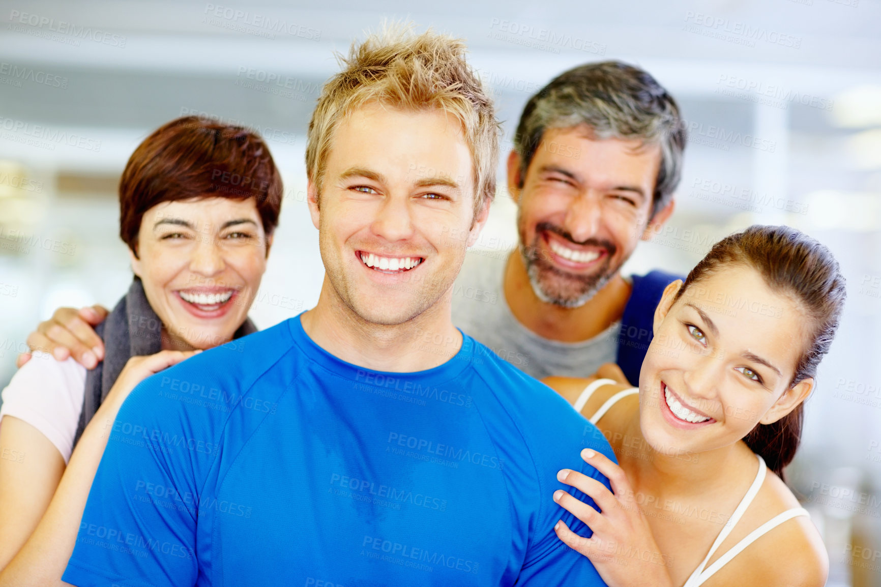 Buy stock photo Fitness, people and group portrait at gym for intense workout, team training and exercise break for healthy body. Collaboration, athlete and smile with embrace for motivation, wellness and support