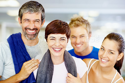 Buy stock photo Portrait of beautiful woman with her friends at fitness center