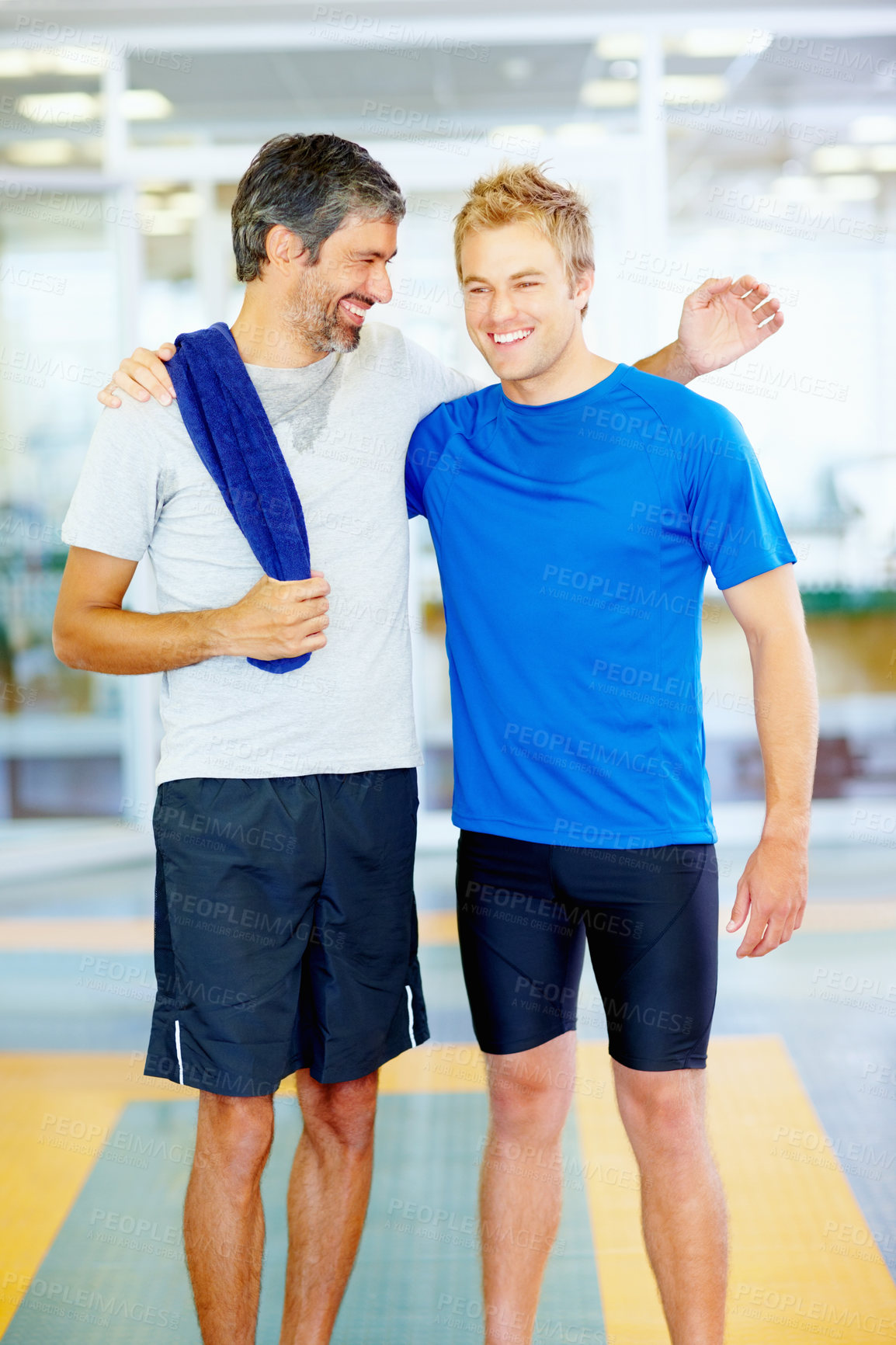 Buy stock photo Portrait of two male friends with arms around after fitness exercise