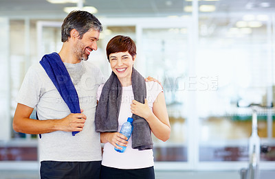 Buy stock photo Portrait of fitness couple with arms around at gym