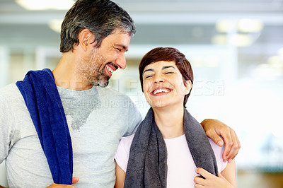 Buy stock photo Portrait of two close friends enjoying time after workout