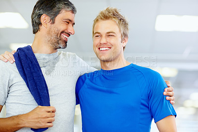 Buy stock photo Portrait of two male friends enjoying time after workout