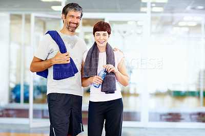Buy stock photo Portrait of fitness man and woman with hands around at fitness center