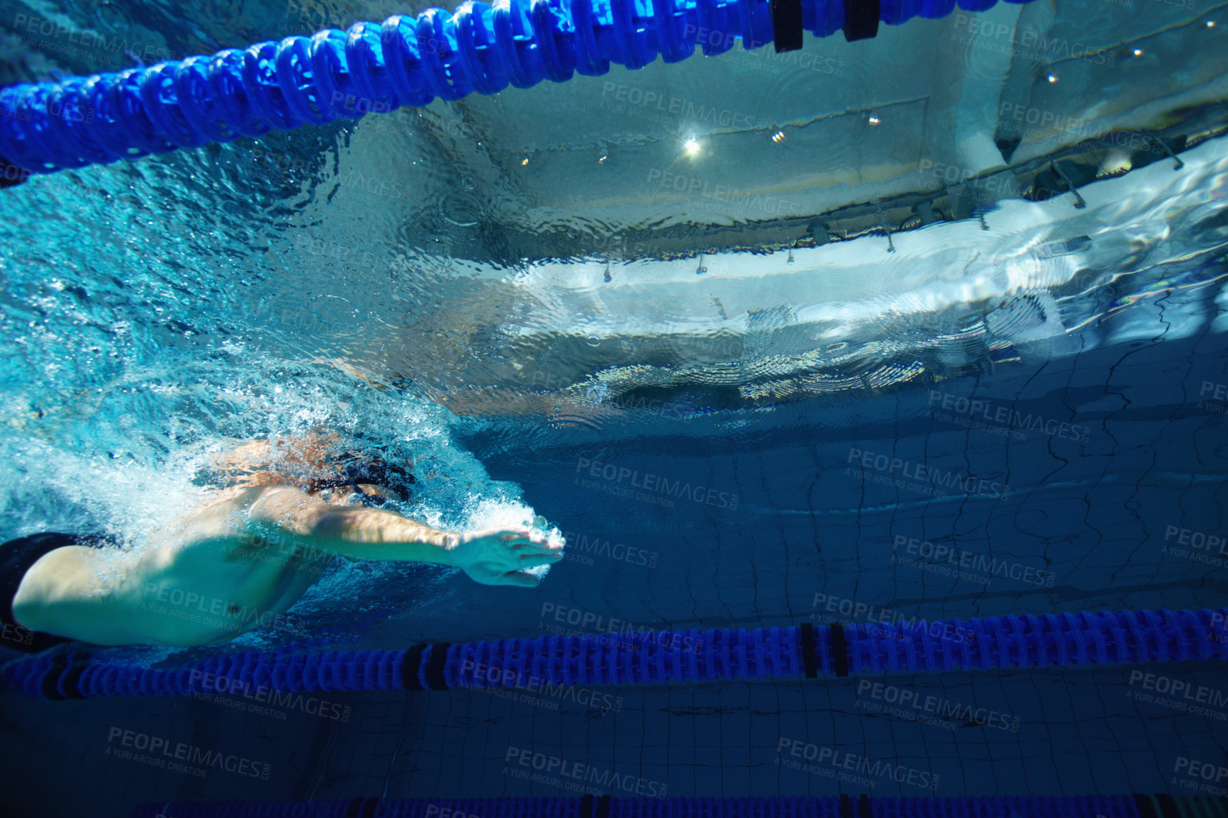 Buy stock photo Underwater, games and person in pool, swimming and training for competition, blue and race. Lines, clean and aquatic sports for exercise, recreational and liquid for cardio, rope or arena for fitness