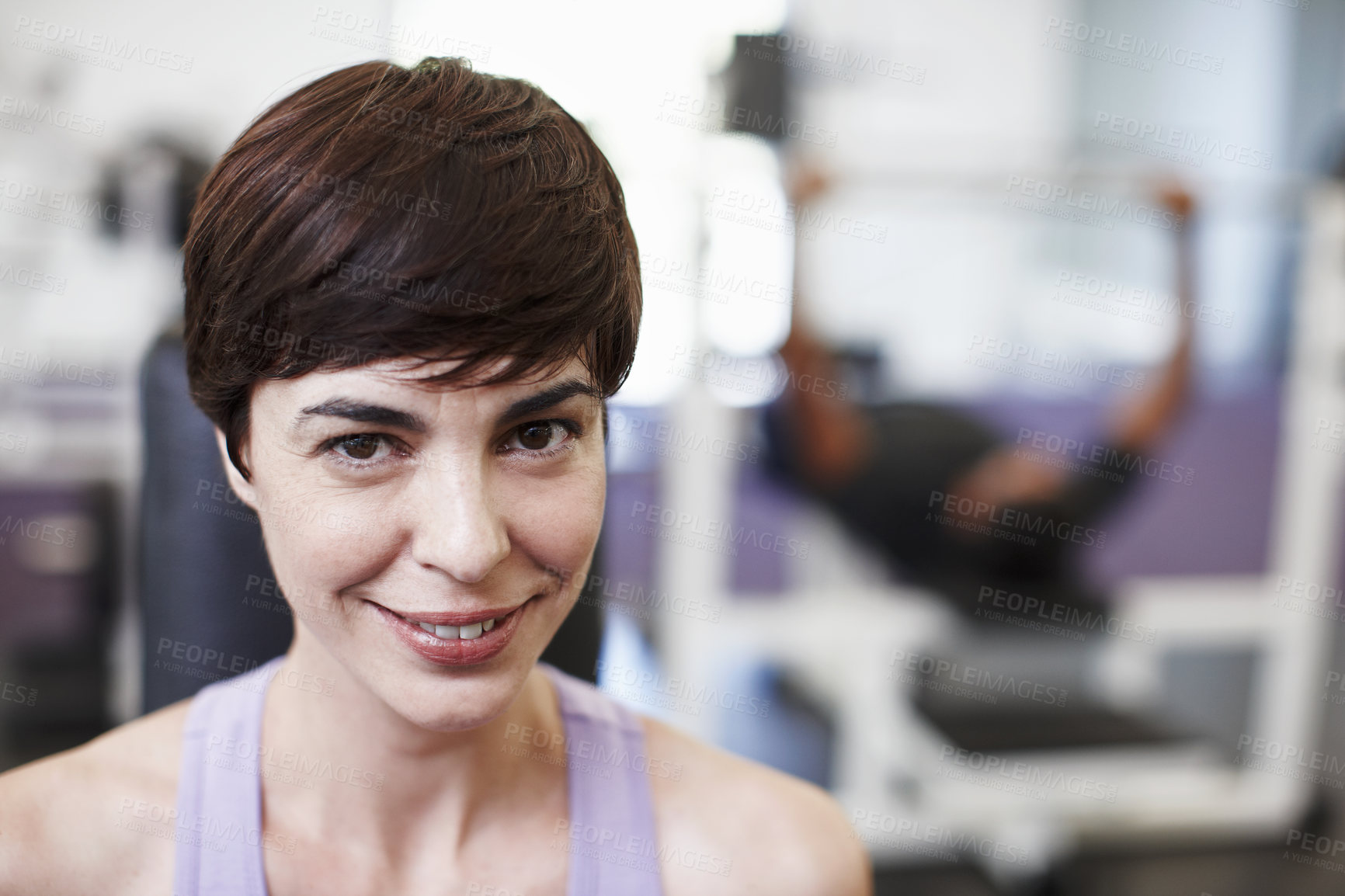 Buy stock photo Exercise, portrait and smile of athlete woman in gym for start of training or workout routine. Face, fitness and wellness with happy person in health club for activity, challenge or performance