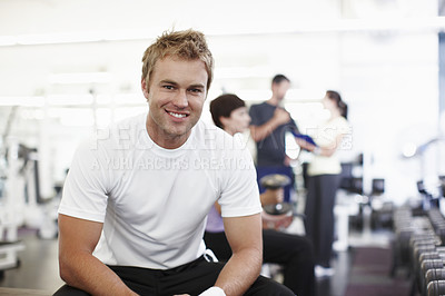 Buy stock photo Fitness, health and portrait with man in gym for training, muscle connection and workout. Personal trainer, strong and sports athlete with person and exercise for energy, wellness and movement