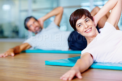 Buy stock photo Happy woman and man exercising on yoga mat at gym