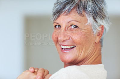 Buy stock photo Closeup portrait of cheerful mature woman smiling at you