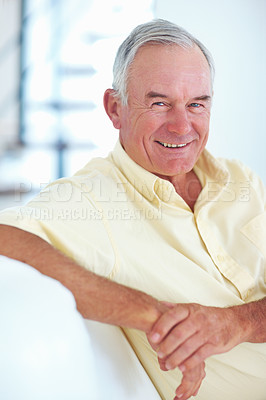 Buy stock photo Portrait of cheerful mature man smiling at home