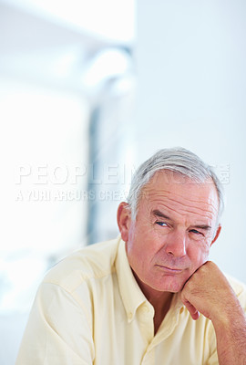 Buy stock photo Senior man, idea and vision for retirement, weekend and relax in home with memories in mind. Elderly person, thinking and thoughtful for planning, past and nostalgia in lounge with difficult decision