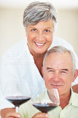 Buy stock photo Senior couple, portrait and wine toast in home, marriage anniversary and growth in partnership. Elderly people, romance and alcohol glasses for love celebration, happy milestone and bonding on date