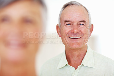 Buy stock photo Home, senior man and happy in portrait for retirement, comfort and laughing with positive attitude. Elderly couple, male person and old woman in marriage for commitment, connection and smile in house