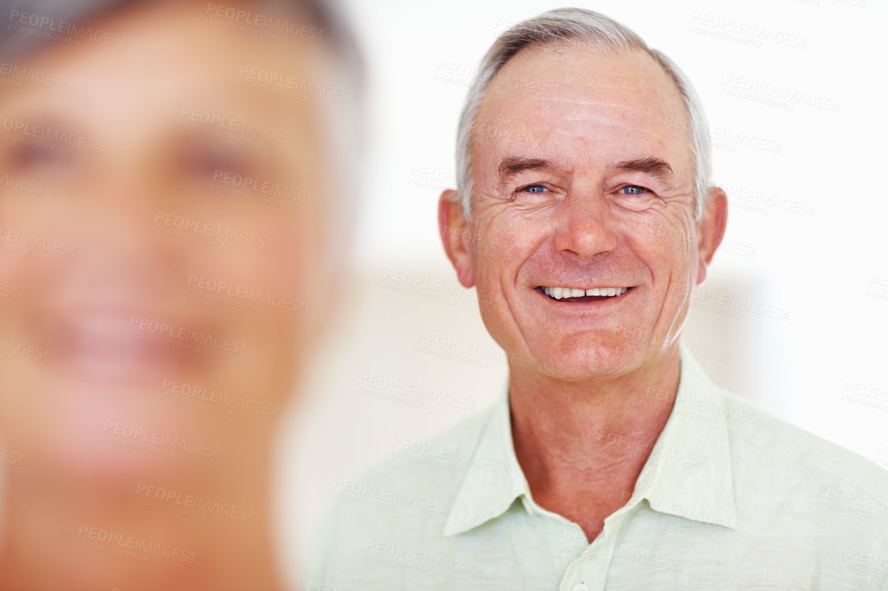 Buy stock photo Home, senior man and happy in portrait for retirement, comfort and laughing with positive attitude. Elderly couple, male person and old woman in marriage for commitment, connection and smile in house