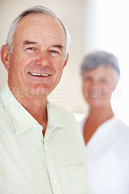 Buy stock photo Home, senior man and smile in portrait for retirement, memory and laughing with positive attitude. Elderly couple, male person and old woman in marriage for commitment, connection and happy in house