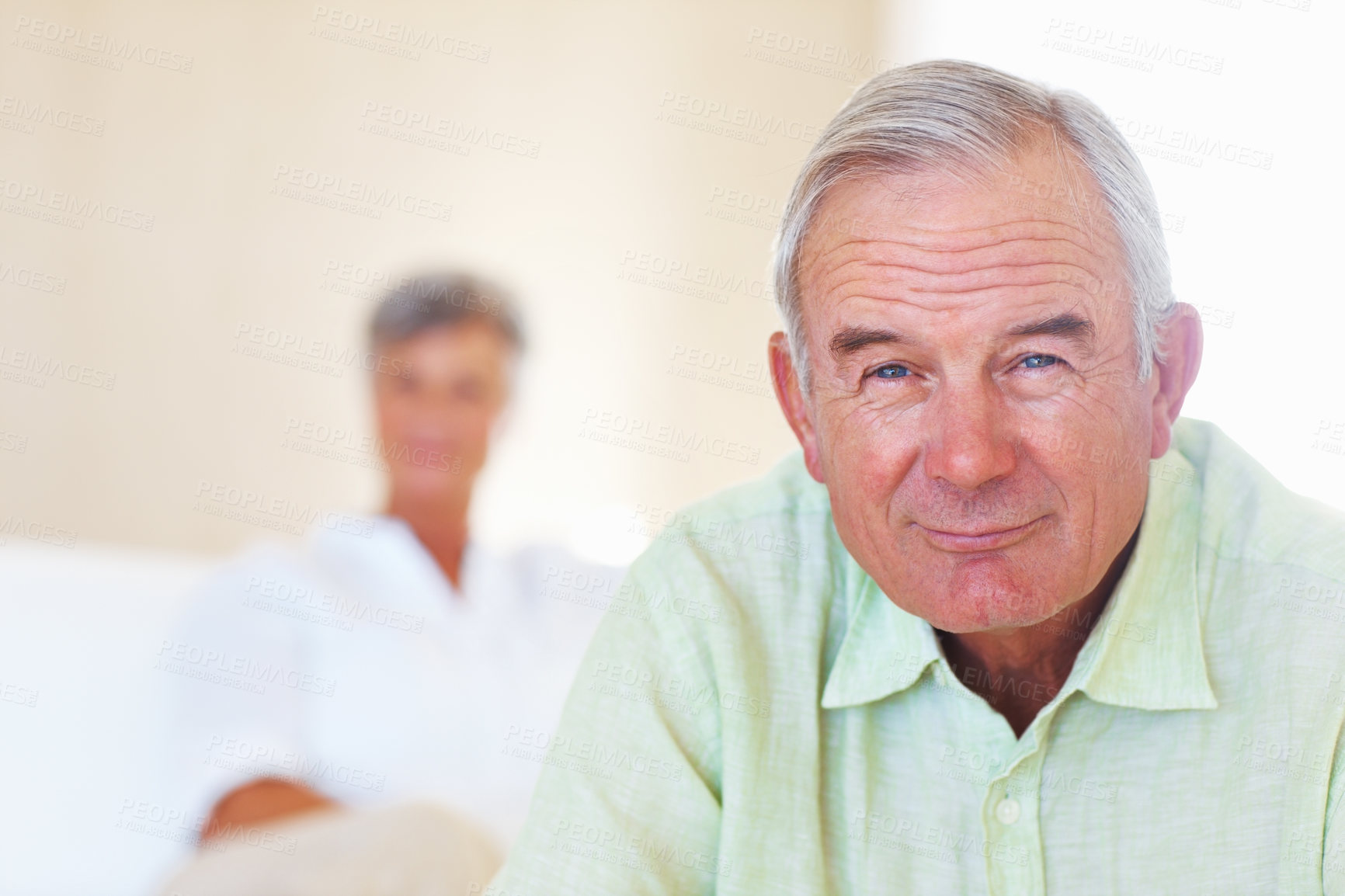 Buy stock photo Home, senior man and portrait with thoughts for brainstorming, memory and ideas in retirement on couch. Remember, male person and woman in living room for decision, choice and thinking in apartment