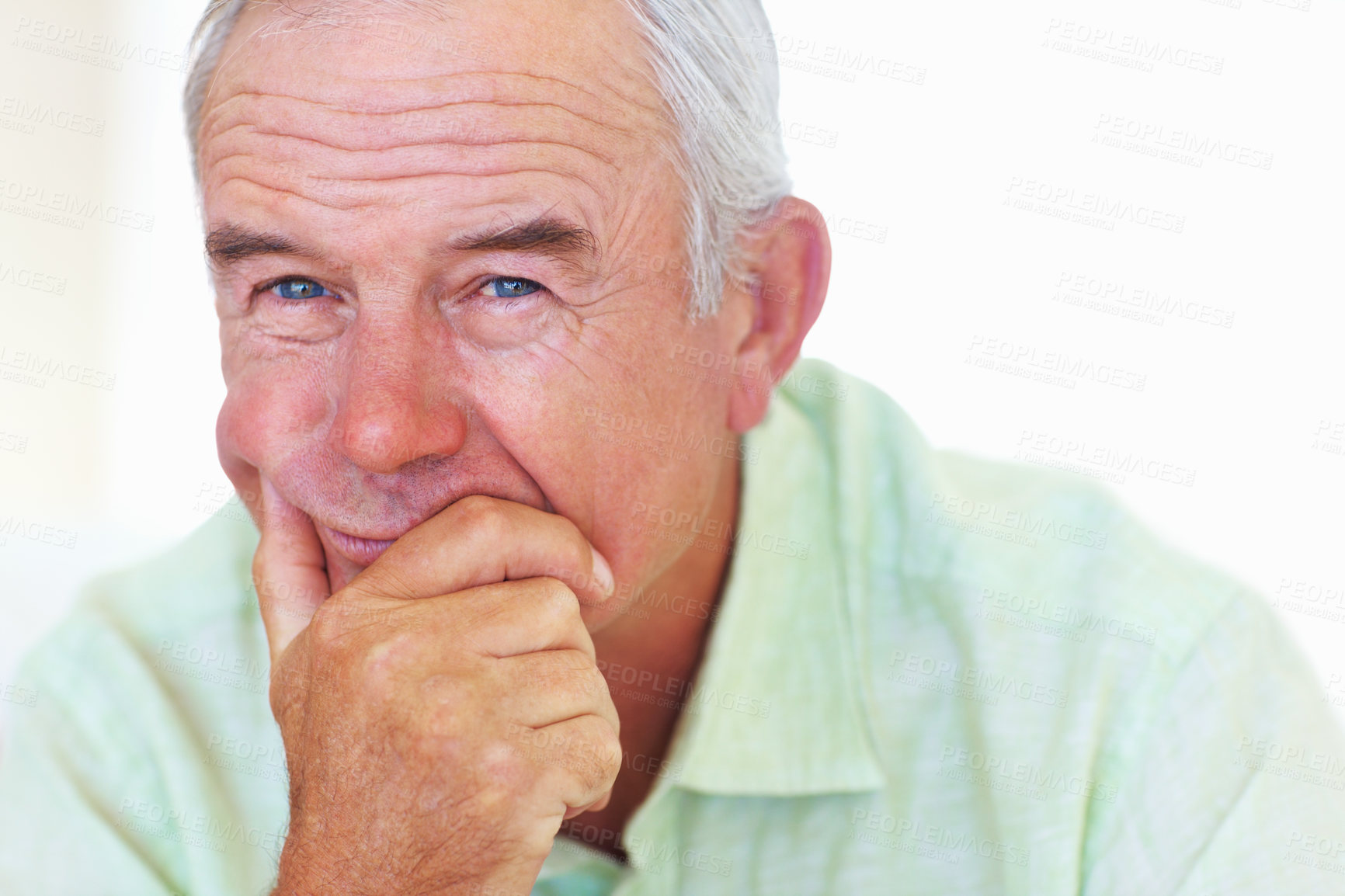 Buy stock photo Home, senior man and thinking with ideas for brainstorming, memory and thoughts in retirement on couch. Remember, male person and serious by mockup space for decision, choice and calm in apartment