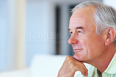 Buy stock photo Closeup of thoughtful mature man at home looking away in deep thought