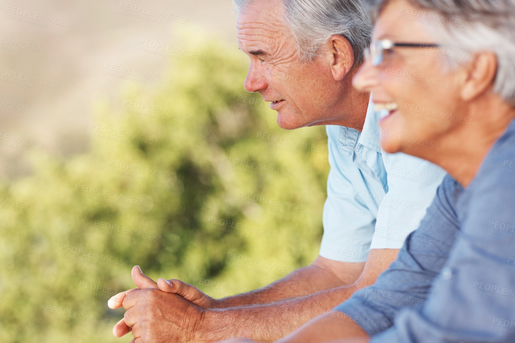 Buy stock photo Senior couple, happy and talking on balcony, funny conversation and love for laughing together. Elderly people, nature and outdoor bonding for security in relationship, speaking and humor by home