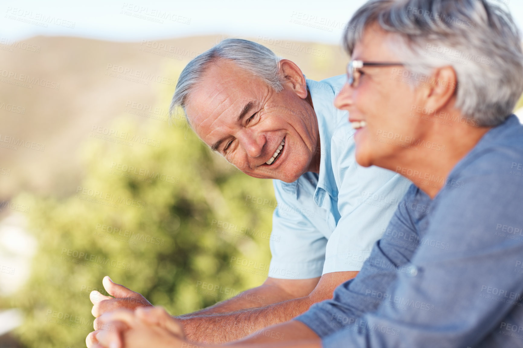 Buy stock photo Love, smile and elderly couple with balcony, point and bonding for retirement rest. Happy, care and senior man with woman and romantic date, holiday or vacation together with garden view in Canada