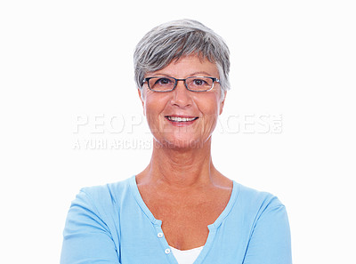 Buy stock photo Closeup of mature woman with glasses smiling over white background