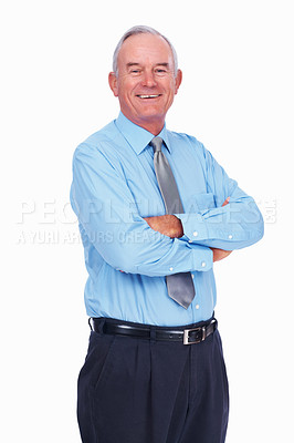 Buy stock photo Portrait of handsome mature business man smiling over white background with hands folded