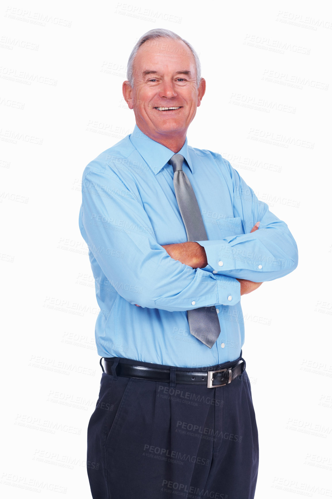 Buy stock photo CEO, portrait and happy businessman with arms crossed for experience, laugh or pride. Smile, confidence or mature professional executive, investment manager or expert on white studio background in UK