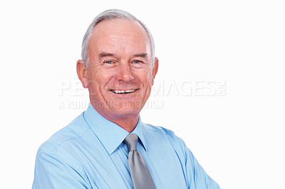 Buy stock photo Portrait of good looking mature business man smiling over white background