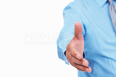 Buy stock photo Closeup of business man extending hand to shake over white background