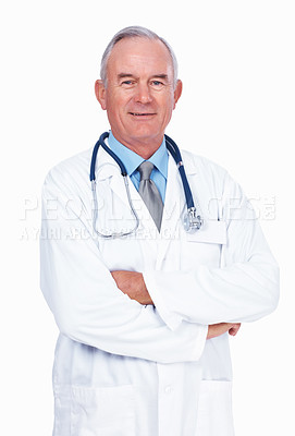 Buy stock photo Portrait of confident mature doctor with stethoscope standing over white background with hands folded