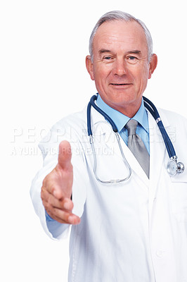 Buy stock photo Portrait of smiling mature doctor with stethoscope extending hand to shake