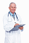 Confident mature doctor with clipboard