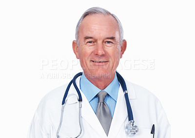 Buy stock photo Portrait of confident mature doctor with stethoscope smiling over white background