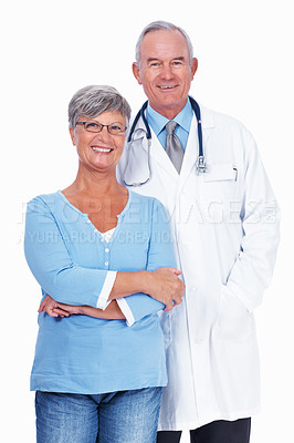 Buy stock photo Portrait of confident mature doctor smiling with mature woman