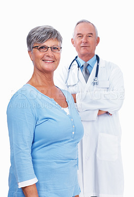 Buy stock photo Portrait of smiling mature woman standing with confident doctor
