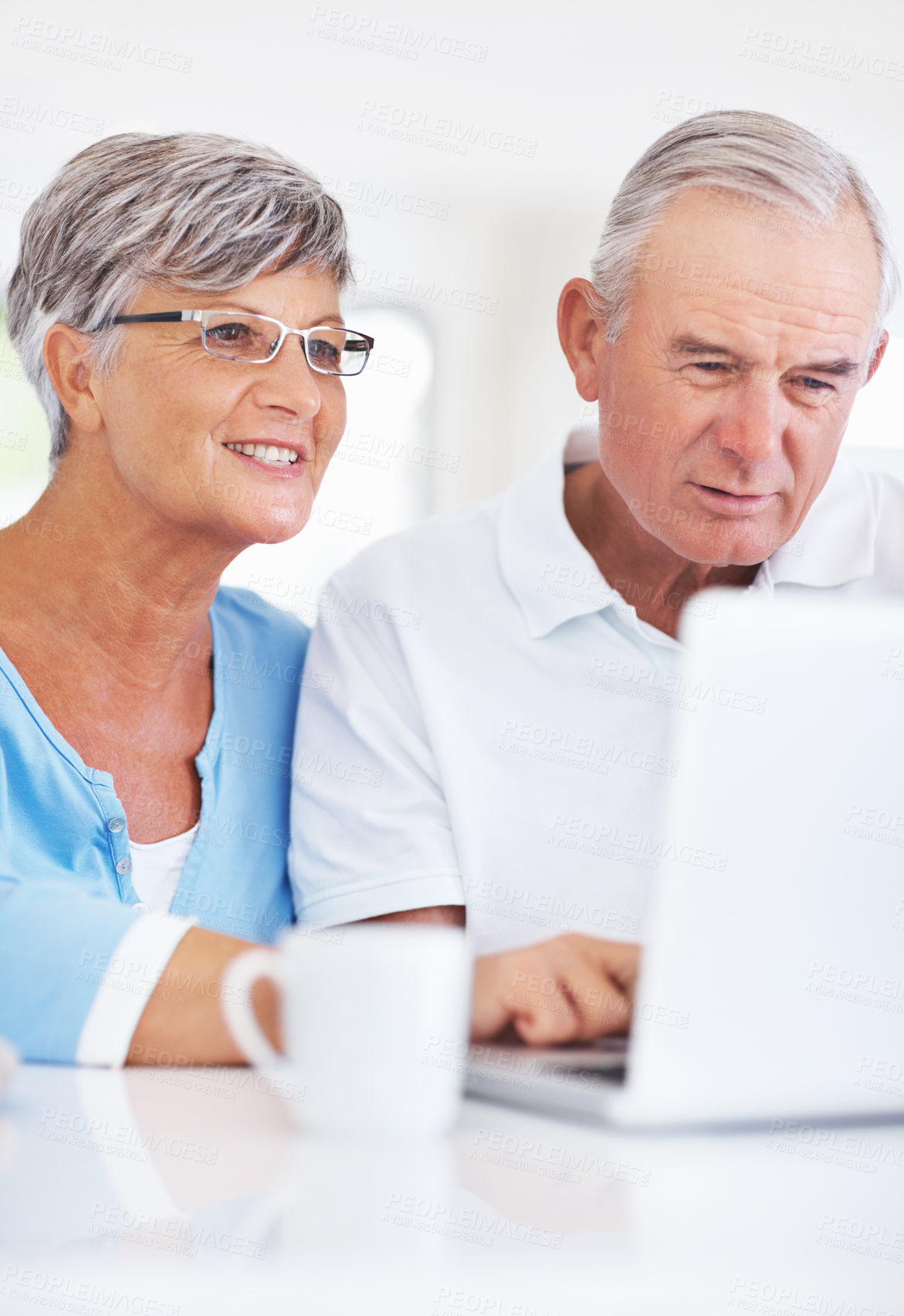 Buy stock photo Senior couple, laptop and thinking in home with review for finance, investment or pension income in morning. Elderly man, woman and reading with notification, check or email with coffee in retirement