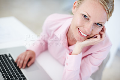 Buy stock photo Portrait, smile or woman in office with laptop, confidence or opportunity for real estate agent. Happy, realtor or property consultant at desk with pride, admin or online schedule at agency in Sweden