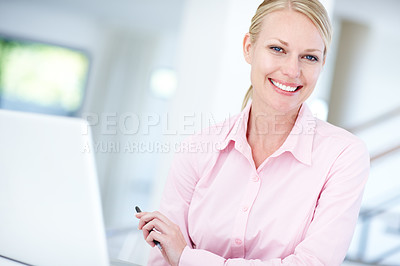 Buy stock photo Happy woman, portrait or secretary with laptop for schedule planning, admin service or assistance at office. Young, female person or personal assistant with smile on computer for tasks at workplace