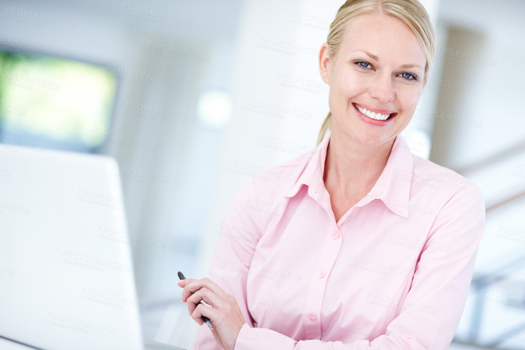 Buy stock photo Happy woman, portrait or secretary with laptop for schedule planning, admin service or assistance at office. Young, female person or personal assistant with smile on computer for tasks at workplace