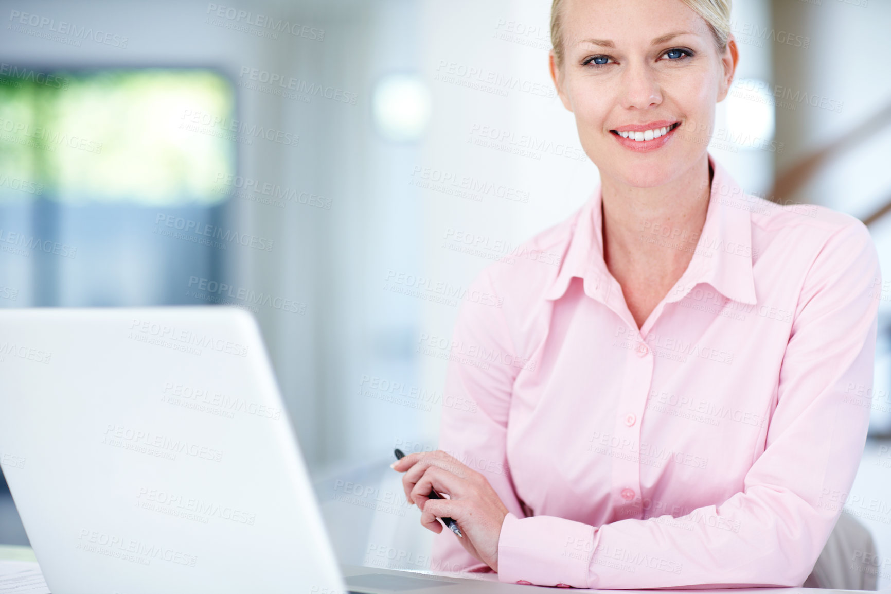 Buy stock photo Happy woman, portrait or secretary with laptop for planning, admin service or assistance at office. Young, female person or personal assistant with smile on computer for schedule or task at workplace