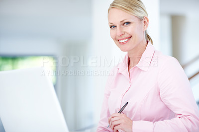 Buy stock photo Happy woman, portrait or receptionist with laptop for schedule planning, admin service or assistance at office. Young, female person or secretary with smile for computer, tasks or agenda at workplace