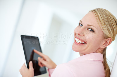 Buy stock photo Happy woman, portrait and touch with tablet screen for browsing, social media or UI at office. Young, female person or employee with smile or technology display for UX, online research or news