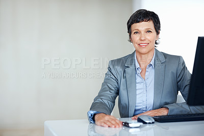 Buy stock photo Business, portrait and smile with mature woman at desk in office for professional management career. Company, corporate and executive with confident employee person in workplace for empowerment