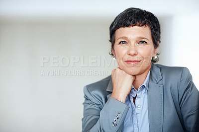 Buy stock photo Business, mockup and portrait with mature woman at desk in office for professional management career. Company, corporate and space with confident employee person in workplace for empowerment