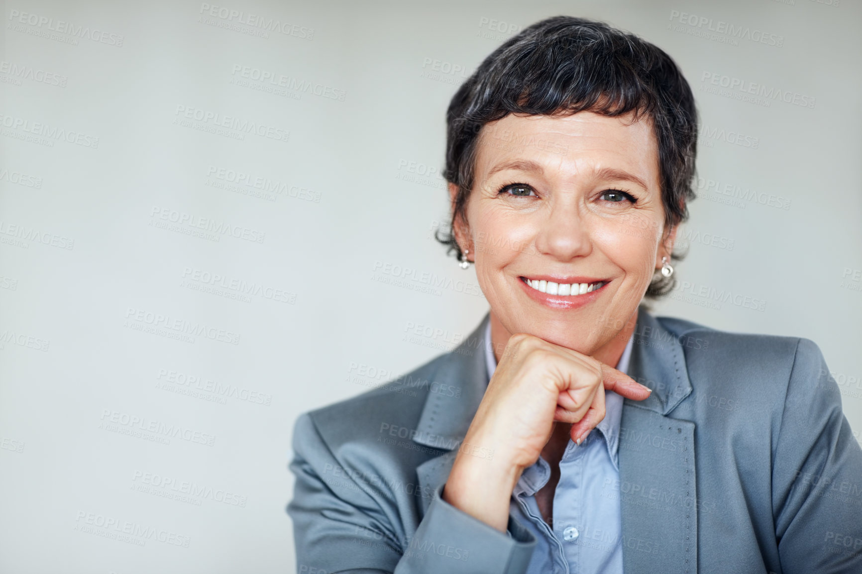 Buy stock photo Company, portrait and smile with mature woman on mockup in office for professional management career. Business, corporate and space with confident employee person in workplace for empowerment