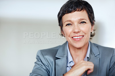 Buy stock photo Business, happy and portrait with mature woman in office for professional management career or job. Company, corporate and executive with smile of employee person in workplace for empowerment