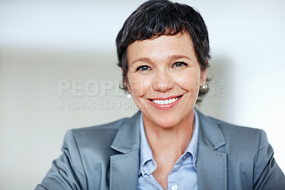 Buy stock photo Executive, happy and portrait with mature woman in office for professional management career. Business, company and corporate with smile of confident employee person in workplace for empowerment