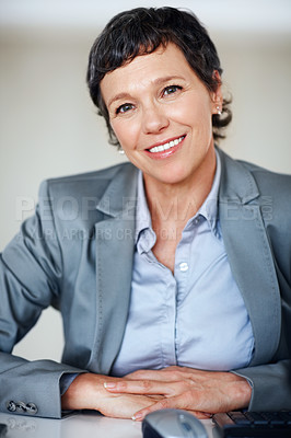 Buy stock photo Business, happy and portrait with mature woman at desk in office for professional management career. Company, corporate and executive with smile of employee person in workplace for empowerment