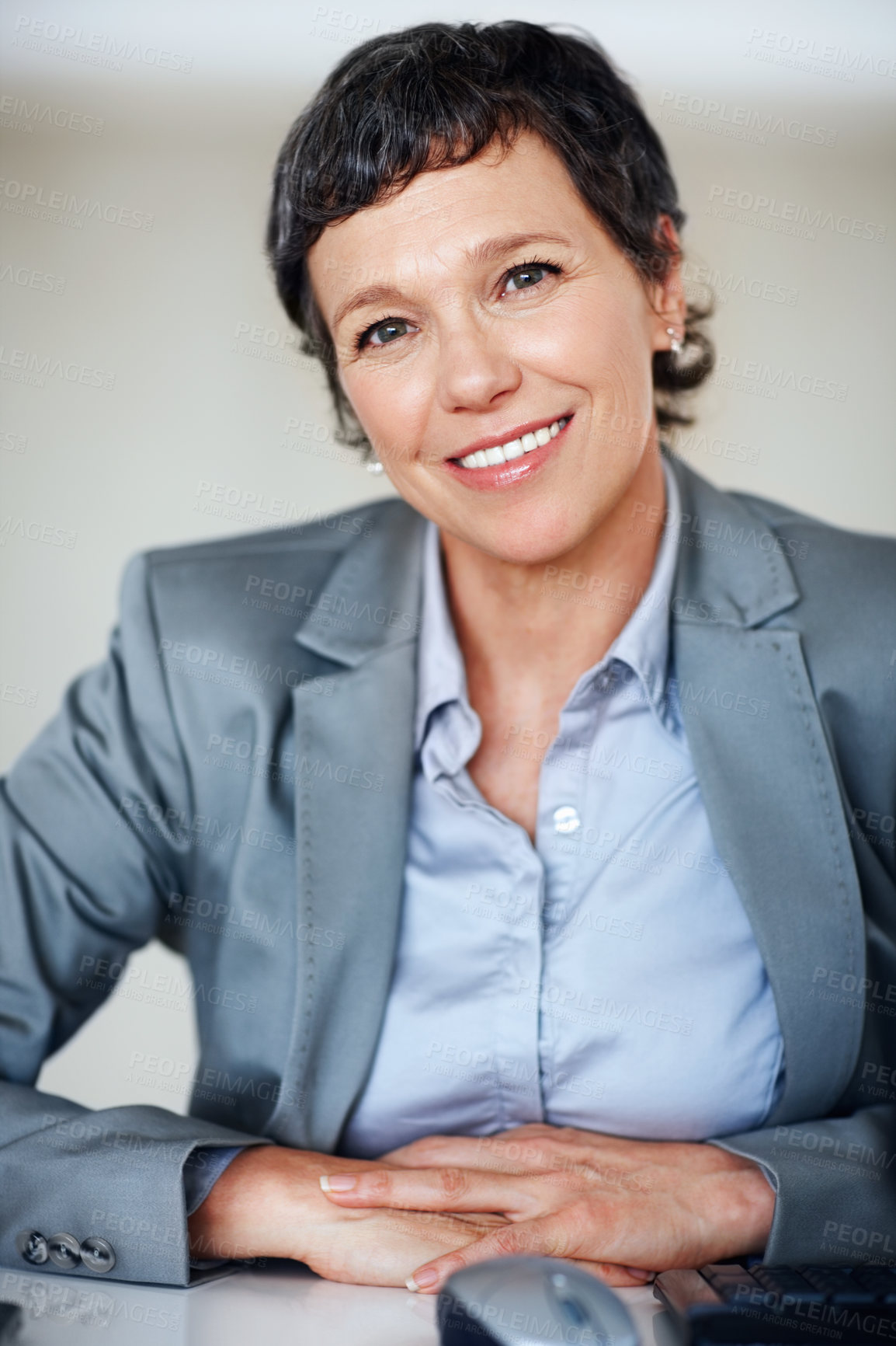 Buy stock photo Business, happy and portrait with mature woman at desk in office for professional management career. Company, corporate and executive with smile of employee person in workplace for empowerment