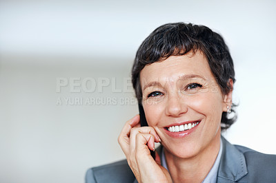 Buy stock photo Business, phone call and portrait with mature woman in office for communication or networking. Conversation, face and smile with confident employee person in workplace for discussion or negotiation